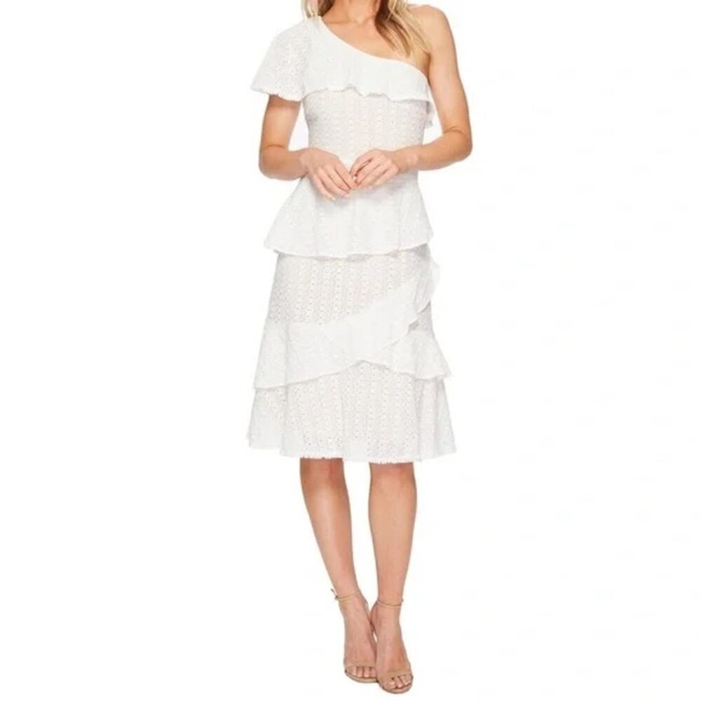 Adelyn Rae White One Shoulder Lace Ruffle Midi Dress XS Wedding Bridal Shower
